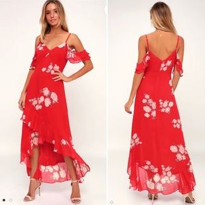 LULUS ❤️ Red Floral Off Shoulder High-Low Dress